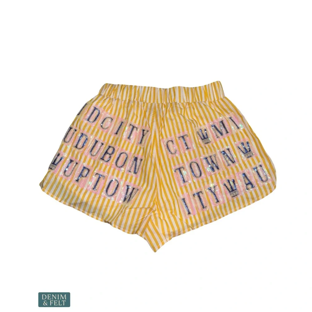 NEW Queen of Sparkles Yellow White NOLA Street Tiles Mardi Gras Sequin Shorts
